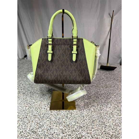 Michael Kors Ciara Medium Satchel Aloe Green Brown Top Handle Bag - Picture 6 of 8